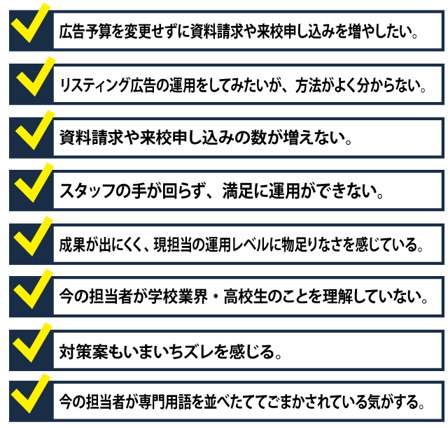 ・広告予算を変更せずに、資料請求や来校申し込みを増やしたい。・リスティング広告の運用をしてみたいが、方法がよく分からない・資料請求や来校申し込みの数が増えない。・スタッフの手が回らず、満足に運用ができない。・成果が出にくく、現担当の運用レベルに物足りなさを感じている。・今の担当者が学校業界・高校生のことを理解していない。・対策案にいまいちズレを感じる。・今の担当者が専門用語を並べたててごまかされている気がする。