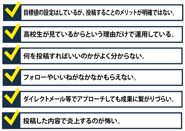 ・目標値の設定はしているが、投稿することのメリットが明確ではない。・高校生が見ているからという理由だけで運用している。・何を投稿すればいいのかがよく分からない。・フォローやいいねがなかなかもらえない。・ダイレクトメール等でアプローチしても成果に繋がりづらい。・投稿した内容で炎上するのが怖い